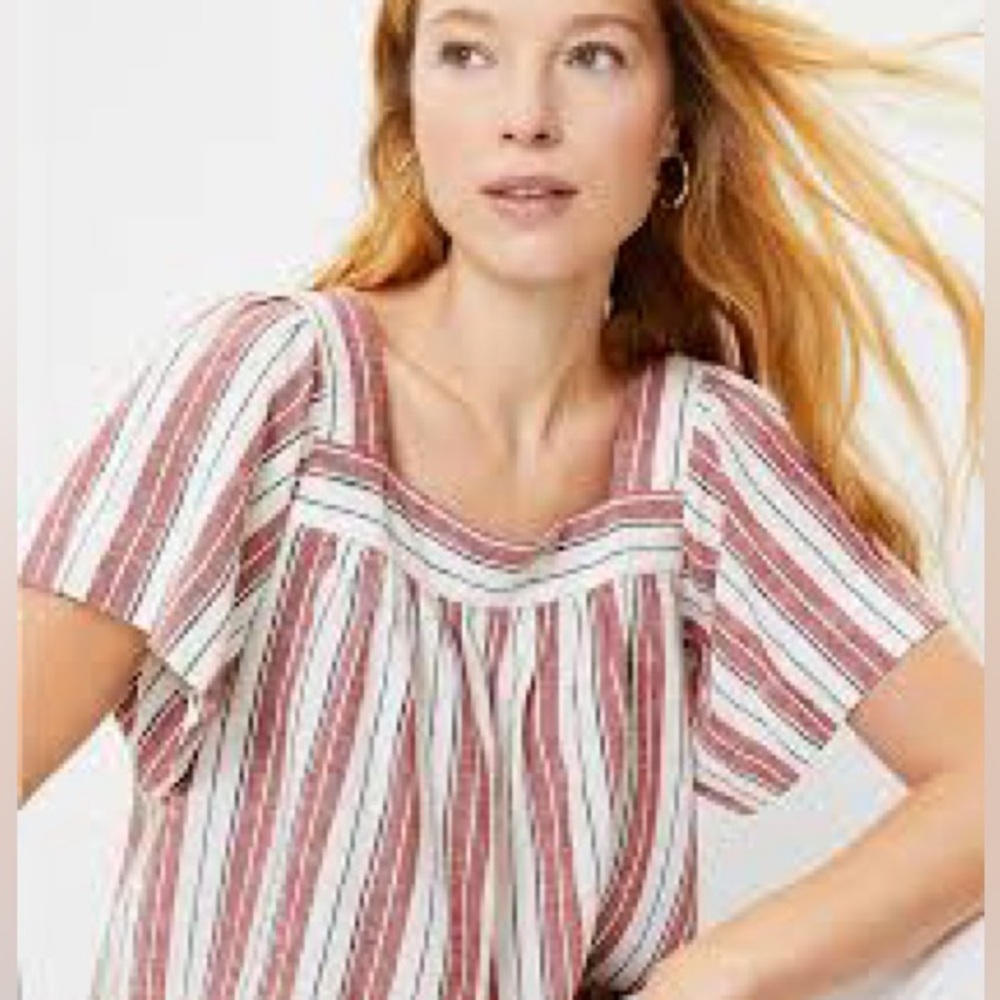 LOFT | Red and White Striped Short Sleeve Linen and Rayon Blouse size LP